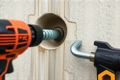 Close-up of secure concrete wall anchor bolt installation for frame.