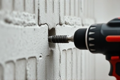Drilling a hole into a concrete wall for shelf installation.