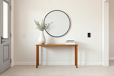 Minimalist entryway with slim console table and mirror.