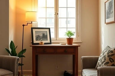 Vintage console table styling in a cozy living room corner.