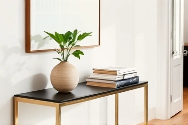Elegant console table styling with plant and books