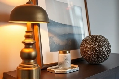 Curated decorative items on a console table surface