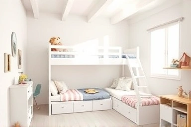 Children's room with two separate beds from a convertible bunk bed.