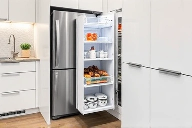 Slim pull-out cabinet utilizing narrow kitchen gap