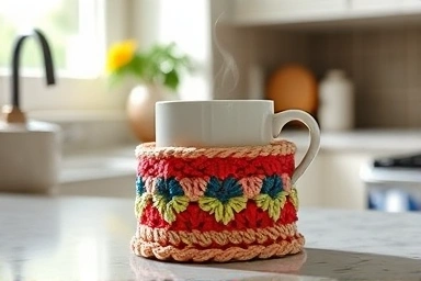 Colorful crochet pot holder on a kitchen counter with a mug.
