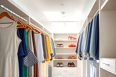 Organized custom wardrobe system hanger, bright and modern closet.
