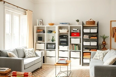 Organized living space with clever, inexpensive storage solutions.