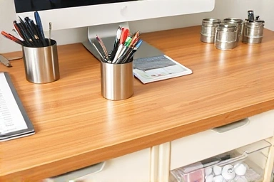 Desk transformed with affordable storage items for productivity.