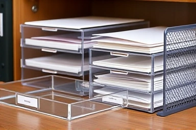 Variety of practical document organizers for desk clutter.