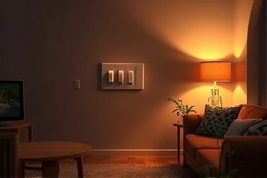 Cozy living room with adjustable ambient lighting from a dimmer switch.