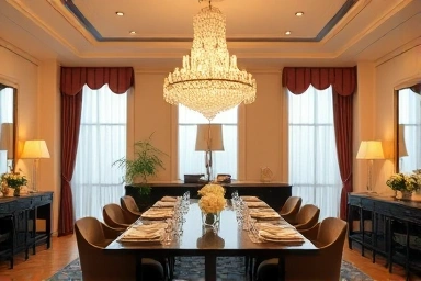 Elegant dining room with a central chandelier.