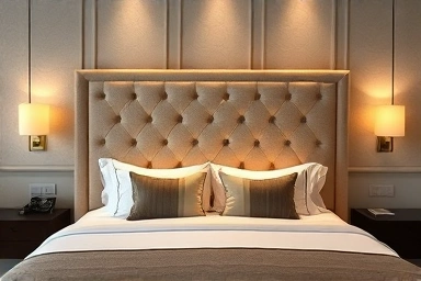 Luxurious bedroom with custom upholstered headboard and soft lighting.