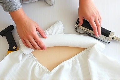 Hands crafting a DIY upholstered headboard with fabric and tools.