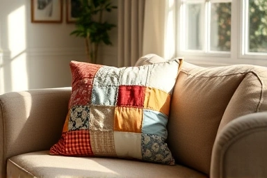 Handmade patchwork cushion on a cozy sofa.
