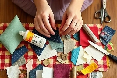 Hands arranging fabric scraps for a DIY cushion.