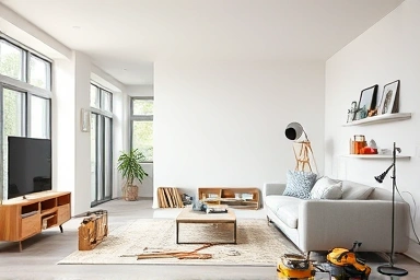 DIY interior partition wall construction in a modern living room.