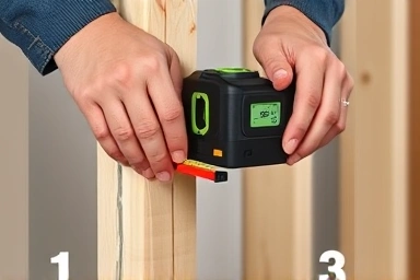 Hands measuring wooden stud for DIY partition wall with laser level.