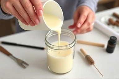 Hands crafting a soy candle with natural ingredients