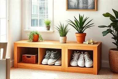 Cozy DIY storage bench in a sunlit living room corner.