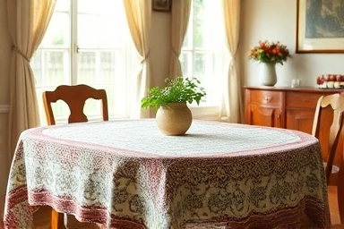 Handmade tablecloth enhancing a cozy dining room ambiance.