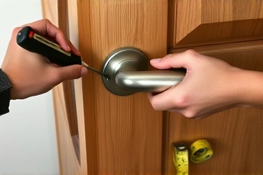 Hands installing a new door handle with DIY tools.