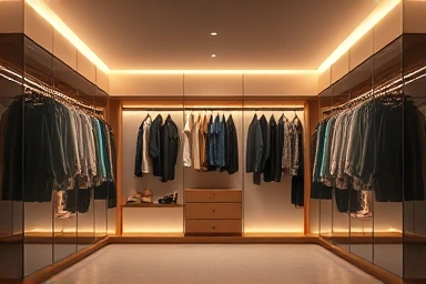 Modern walk-in closet with system hanger and LED lighting.