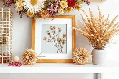 Variety of dried flower art pieces for home decoration.