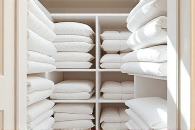 Organized closet with neatly stacked duvet compression packs.