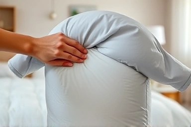 Hand compressing a duvet compression pack, showing volume reduction.