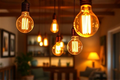 Warm glow of Edison bulbs in a cozy vintage-modern living room.