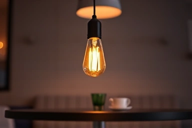 Cafe ambiance with a vintage Edison bulb pendant light.
