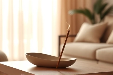 Minimalist living room with aesthetic ceramic incense holder.