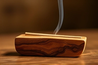 Artistic natural wood incense holder with Palo Santo.