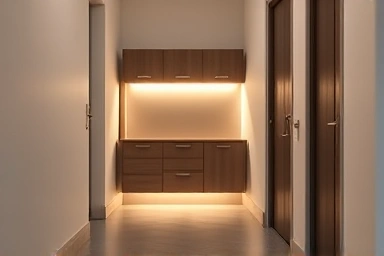 Warm indirect lighting under shoe cabinet in modern entrance.
