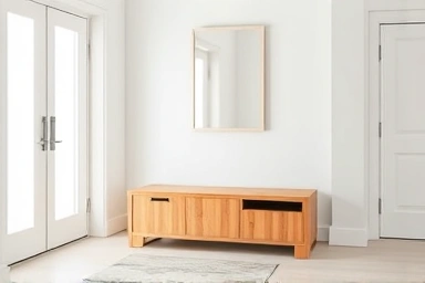 Modern entryway bench with storage, maximizing small space.