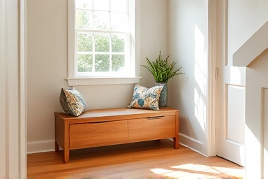 Modern entryway with integrated custom bench storage.