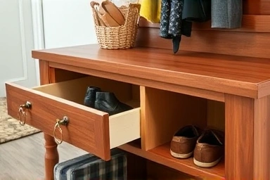 Close-up of custom entryway bench storage solutions.