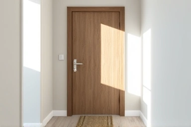 Modern entryway with a stylish film-covered door.