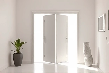 Modern entryway with a slim-frame swing door enhancing space.