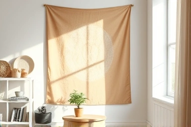 Cozy living room with minimalist fabric poster and natural light.