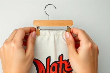 Hands hanging fabric poster with wooden clip hanger, showing texture.