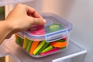 Hand placing fresh food container in a refrigerator