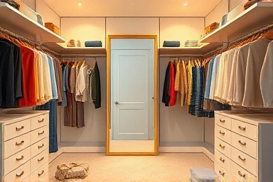 Stylish walk-in closet with a full-length mirror