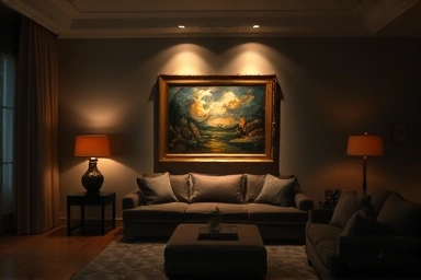 Elegant living room with art illuminated by gallery lighting.