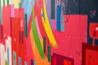 Close-up of painting with lighting highlighting texture and color.