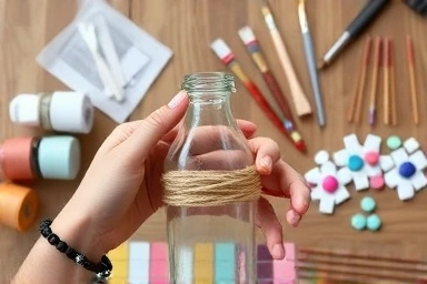 DIY process of upcycling glass bottles into decorative vases.