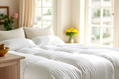 Cozy goose down comforter on a sunlit bed.