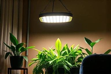 Vibrant indoor garden with LED grow light in a modern living room.