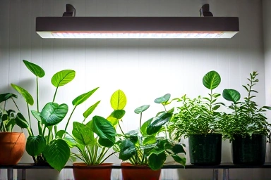 Healthy houseplants under a sleek LED grow light strip.