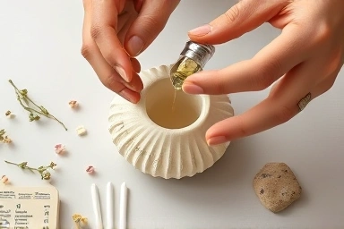 Hands crafting a plaster diffuser with seashell mold and decorative elements.